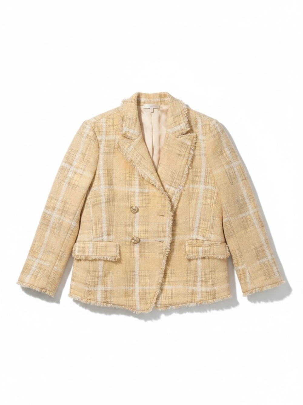 LoveShackFancy Denison Tweed Blazer Gold Plaid Fringe Jacket Size 12